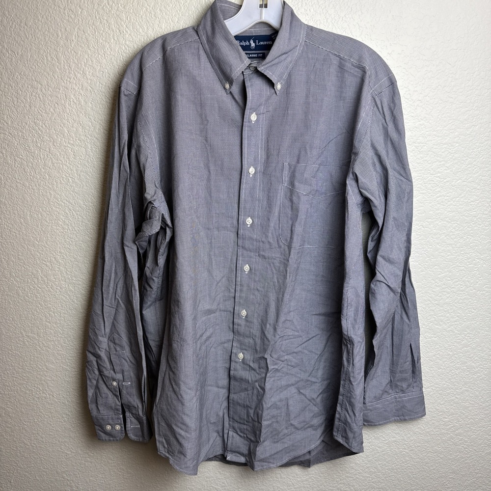 Ralph Lauren Classic Fit Button Down Gingham Houndstooth Shirt 15 M Cotton